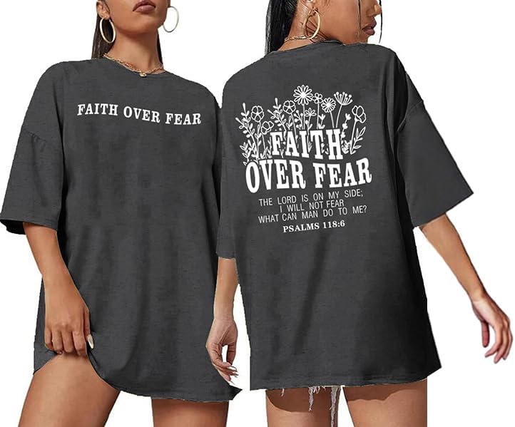Christian Shirts for Women Faith Over Fear Oversized Graphic Tees - Darkgrey