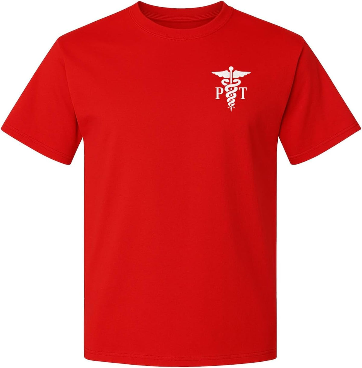 Physical Therapist T-Shirt, Small Left Chest PT Caduceus Design for Therapy Professionals - Red