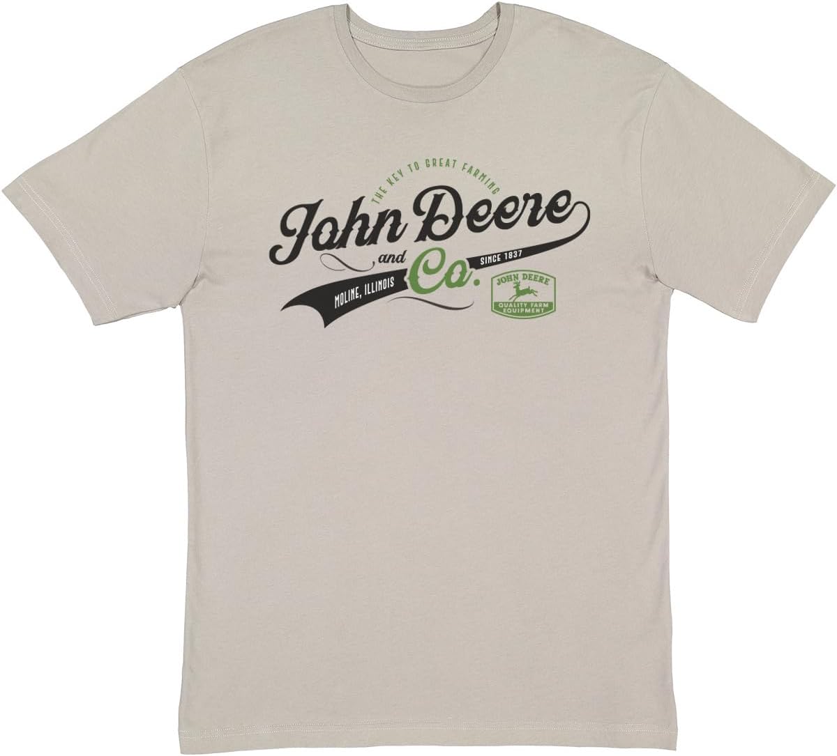 John Deere Mens Vintage Style Varsity The Key to Great Farming Short Sleeve Tshirt in Titanium Gray - Titanium Gray