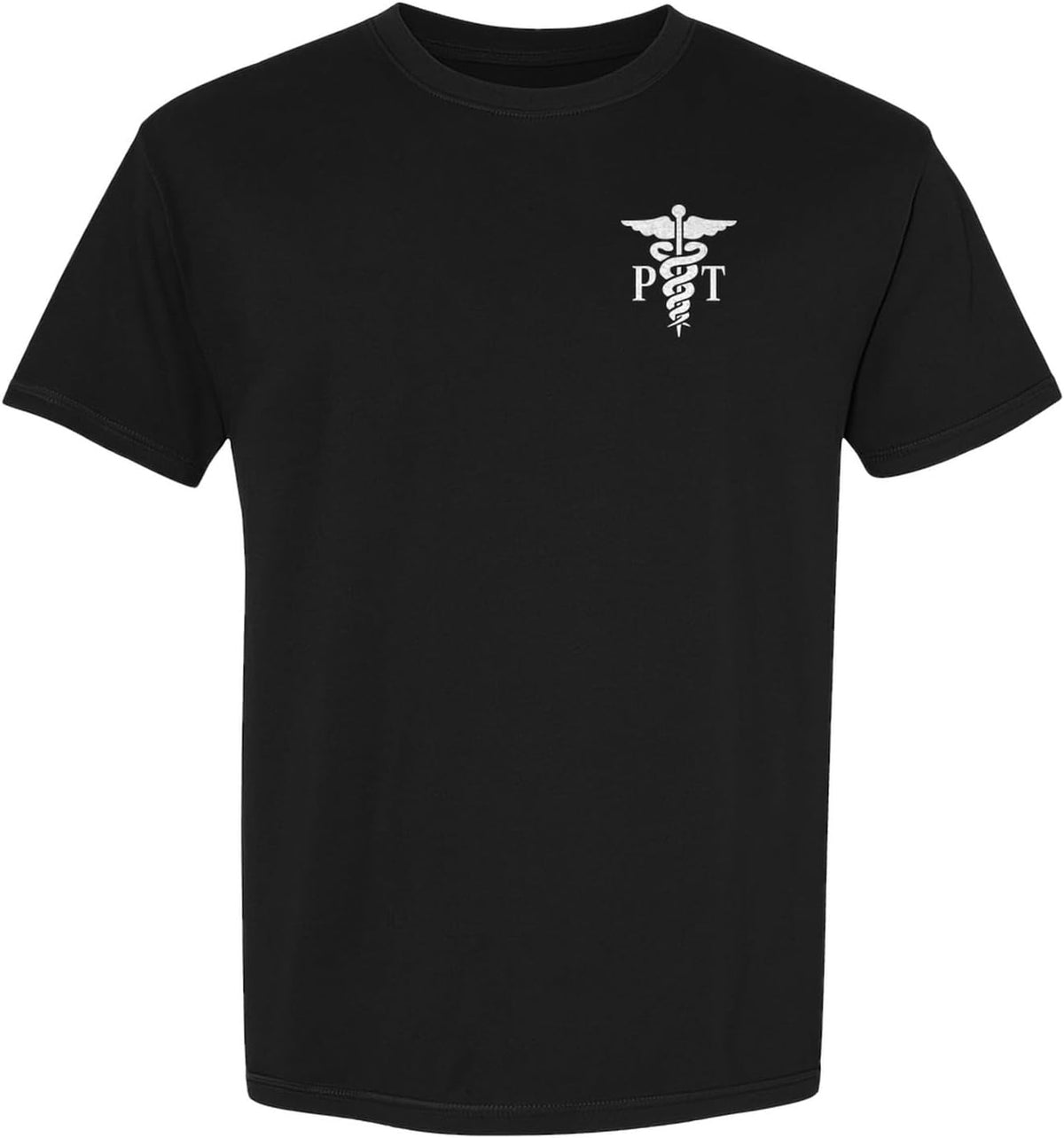 Physical Therapist T-Shirt, Small Left Chest PT Caduceus Design for Therapy Professionals - Black