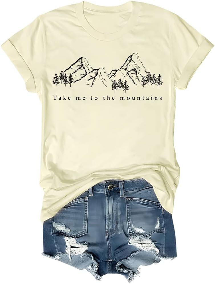Take Me to The Mountains Shirt Mountain T-Shirt Nature Camping Hiking Lovers Tees for Women Men - Crew-neck Creamy Yellow