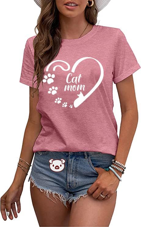 COLORFUL BLING Cat Shirt for Women Cat Mom Letter Print Tshirts Funny Heart Kitty Paw Graphic Tee - Rosy