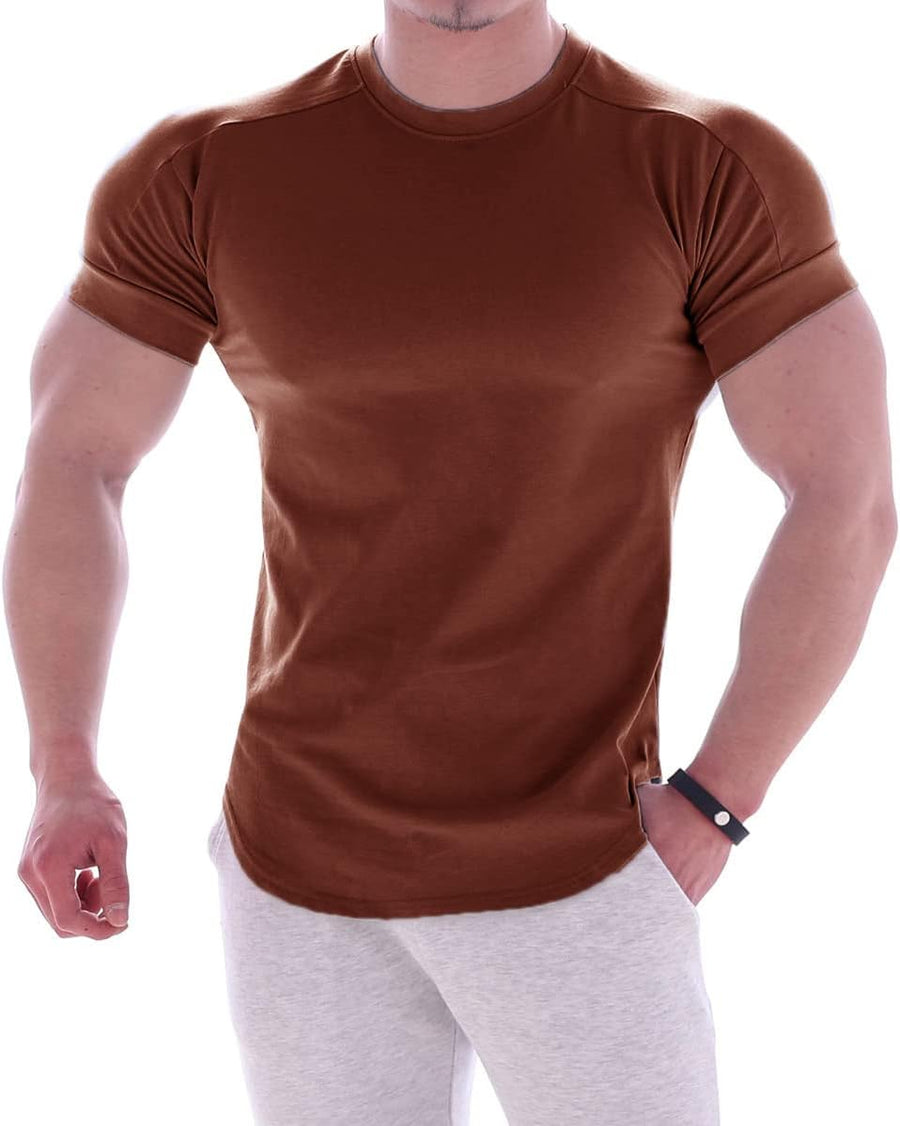Men’s Muscle Fit Gym T-Shirt, Stretchy Workout Tee with Curved Hem, Athletic Slim Fit Short Sleeve T24 - Maroon