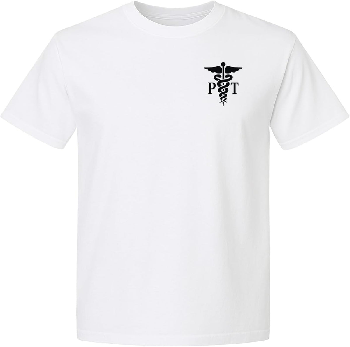 Physical Therapist T-Shirt, Small Left Chest PT Caduceus Design for Therapy Professionals - White