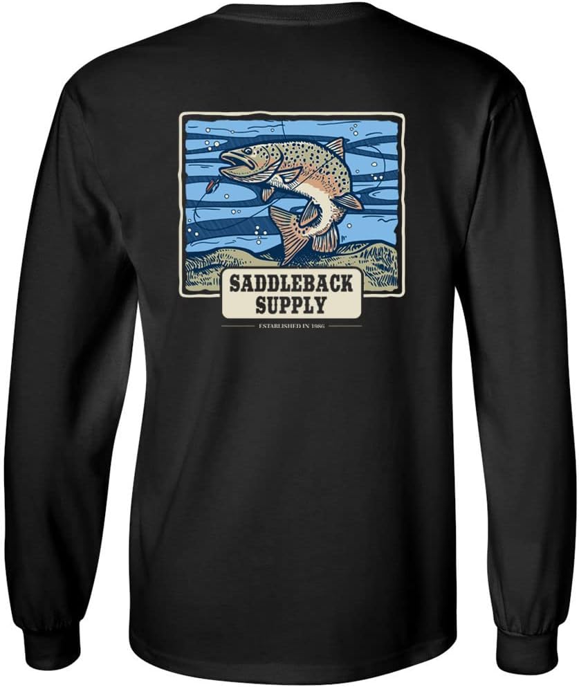 Saddleback Supply Men's Graphic Logo Long Sleeve Shirts - Outdoor Collection - Black Shirt With Trout Logo