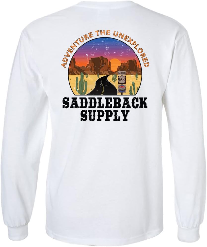 Saddleback Supply Men's Graphic Logo Long Sleeve Shirts - Outdoor Collection - White Shirt With Monument Valley Logo