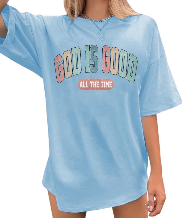 God is Good Shirt Christian Shirts for Women Oversized Jesus Tees - Blue