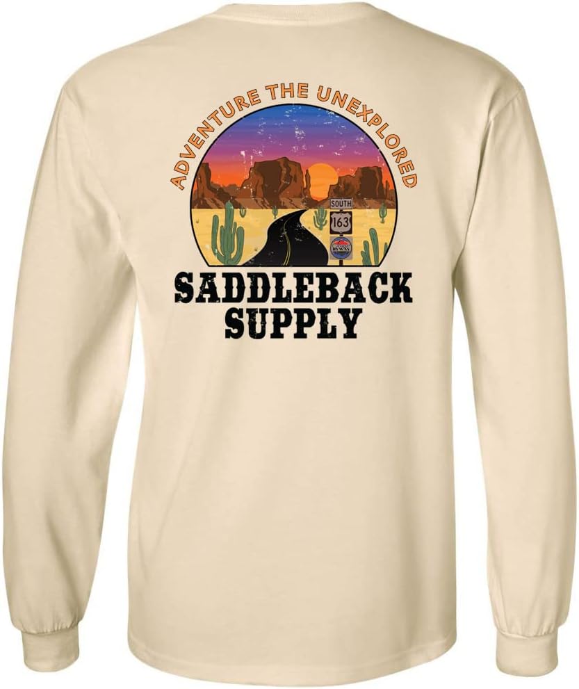 Saddleback Supply Men's Graphic Logo Long Sleeve Shirts - Outdoor Collection - Natural Shirt With Monument Valley Logo