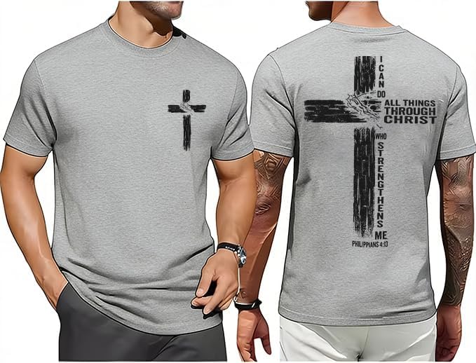 Christian Shirts for Mens Cross Jesus Graphic Tees - Grey