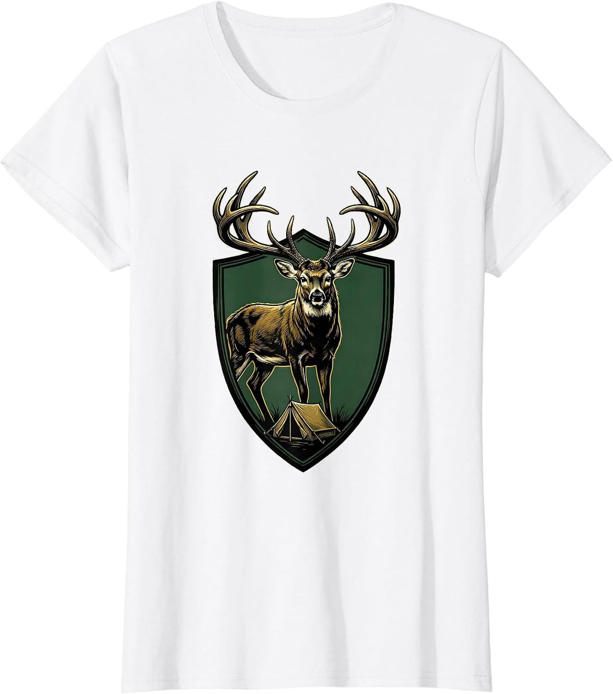 Whitetail Buck Emblem Hunting Camp Dad Humor T-Shirt - White