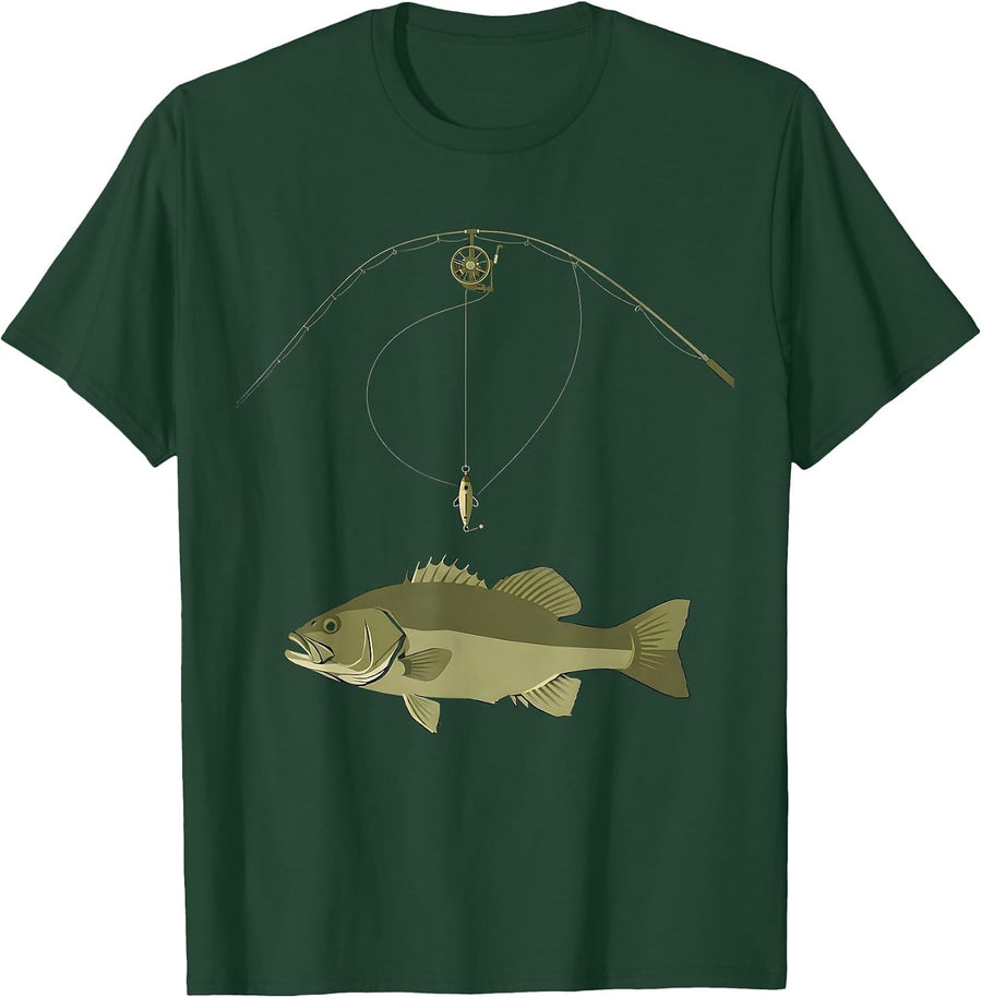 Men's Geometric Largemouth Bass Minimalist Fishing Humor T-Shirt - Dark Green