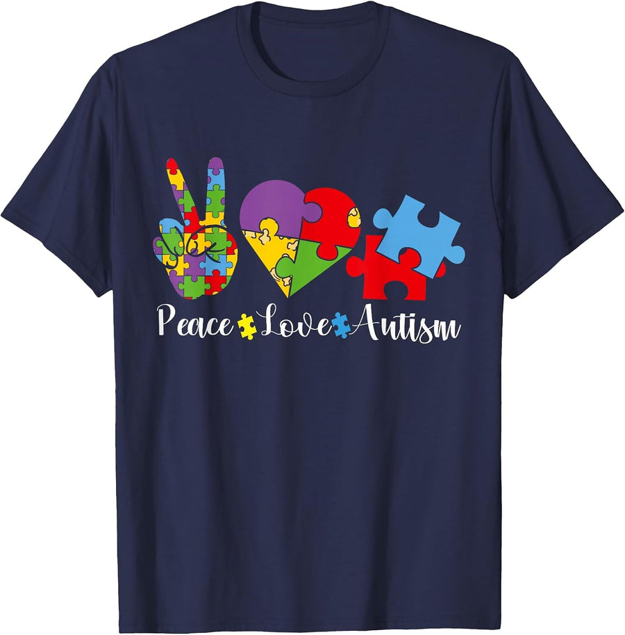 Peace Love Autism Puzzle in April We Wear Blue for Autism T-Shirt - Navy Blue