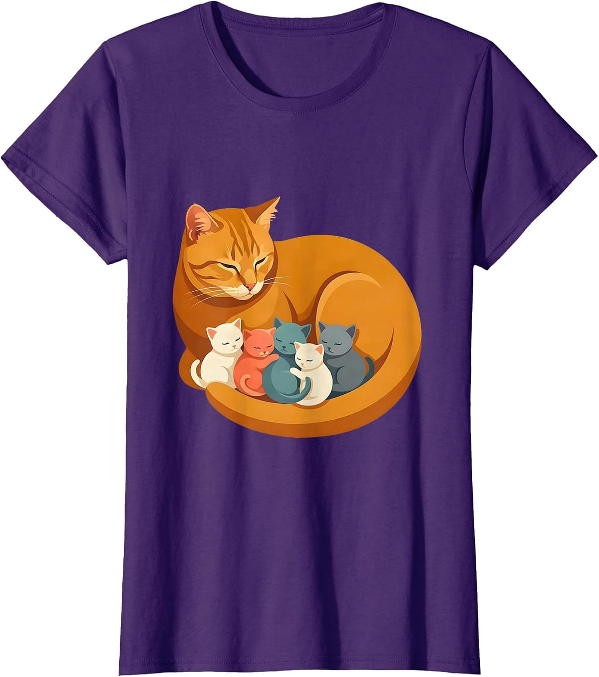 Women's Cat Mom Nursing Kittens Illustration T-Shirt - Purple