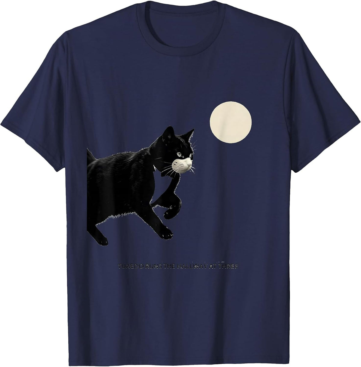 Men's Tuxedo Runs the Hallway at Three Minimalist 90s Retro Cat T-Shirt - Navy Blue