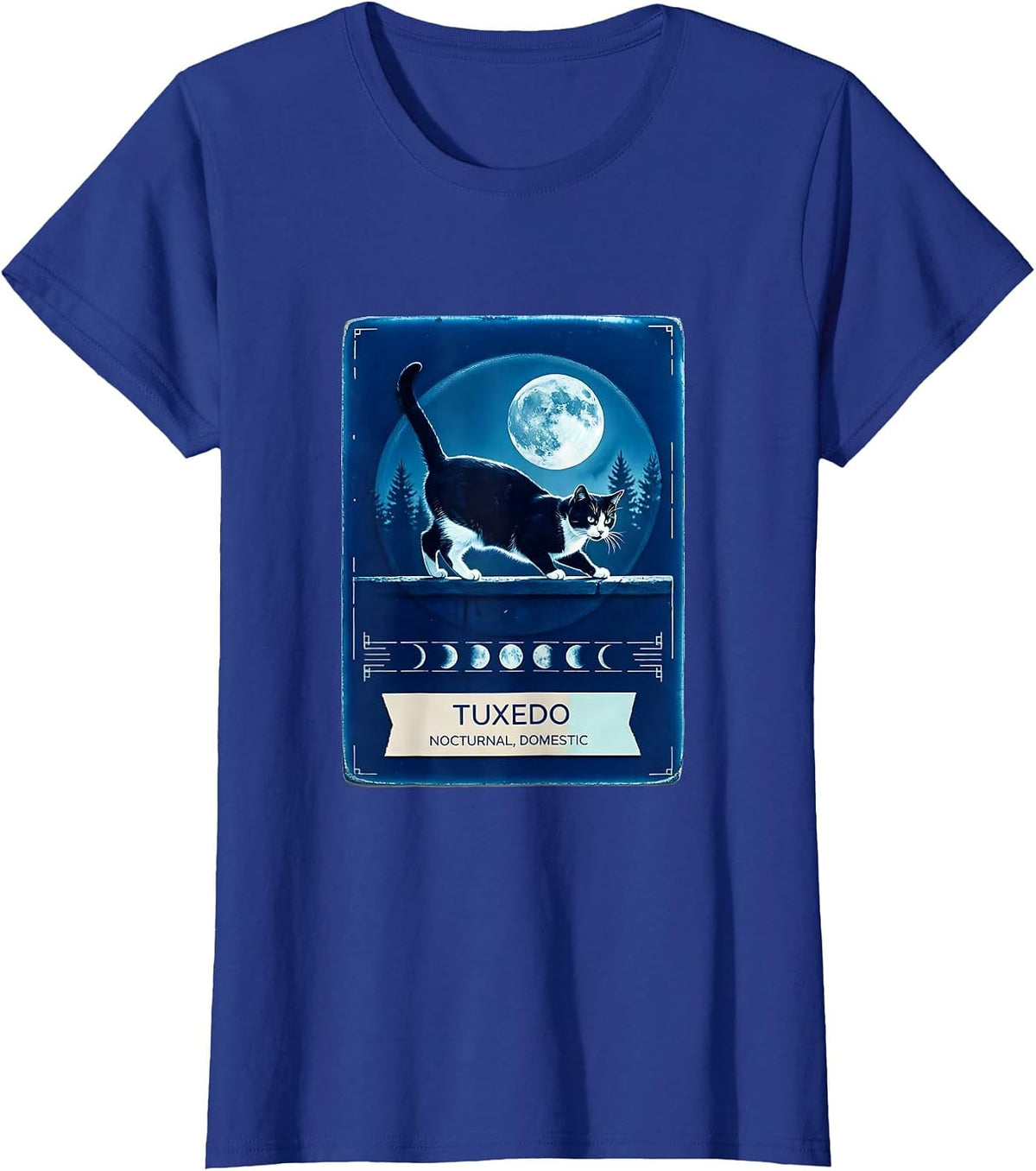 Women's Tuxedo Nocturnal Domestic 90s Retro Cat Lover Portrait T-Shirt - Royal Blue