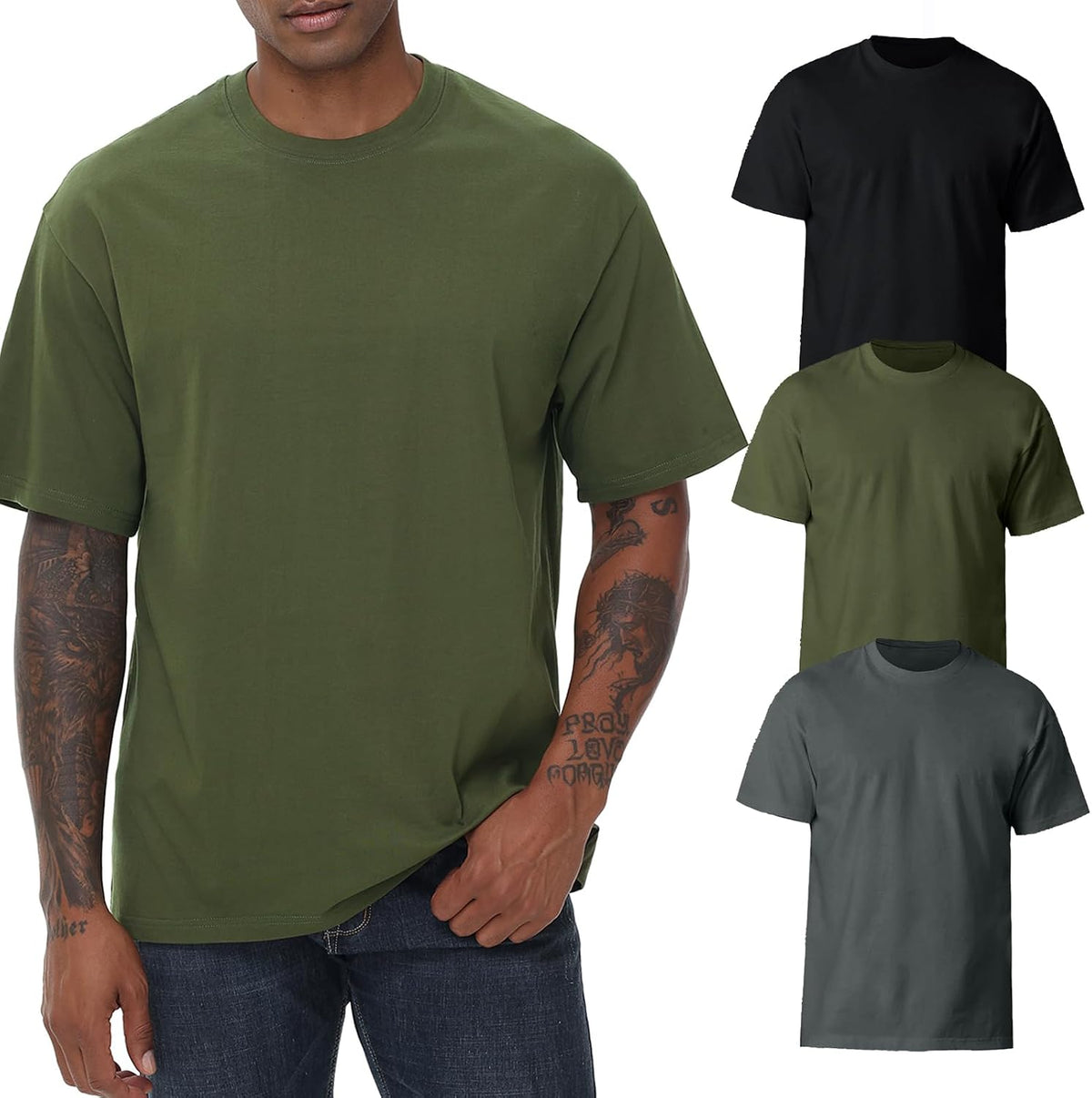 KEEPSHOWING Mens Oversized Short Sleeve T-Shirts Cotton Loose Fit Tees - Black+carbon+army Green
