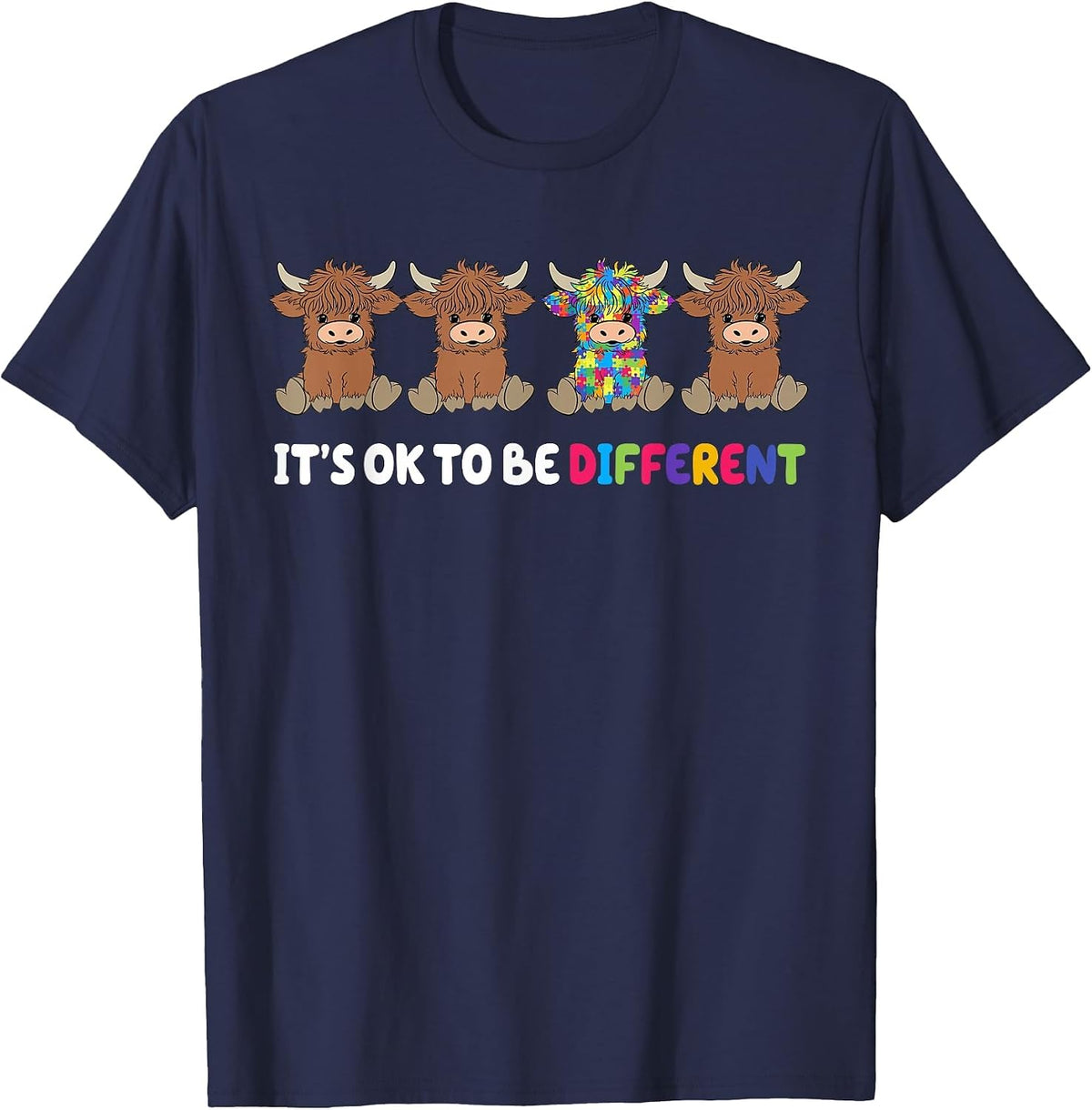 Groovy It's Ok to Be Different Cow Autism Awareness Month T-Shirt - Navy Blue