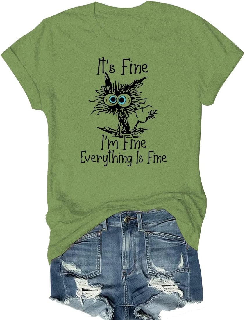 Women's Cat Graphic Tee I'm Fine Everything is Fine Short Sleeve top - 00 Grass Green