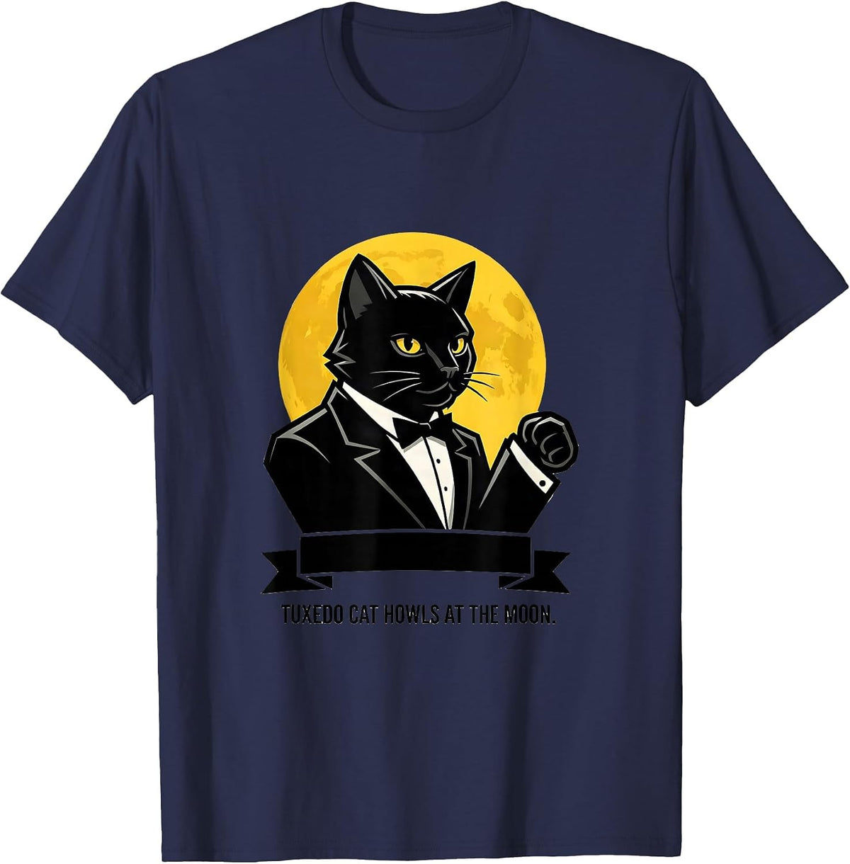 Men's Tuxedo Cat Howls at the Moon 90's Retro Novelty T-Shirt - Navy Blue