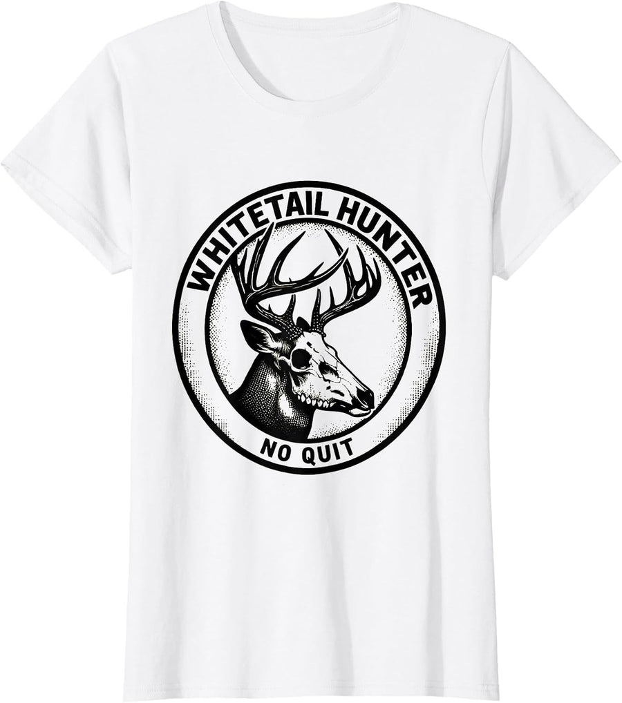 Women's Whitetail Hunter, No Quit Blackwork Dotwork Camo Dad Humor T-Shirt - White