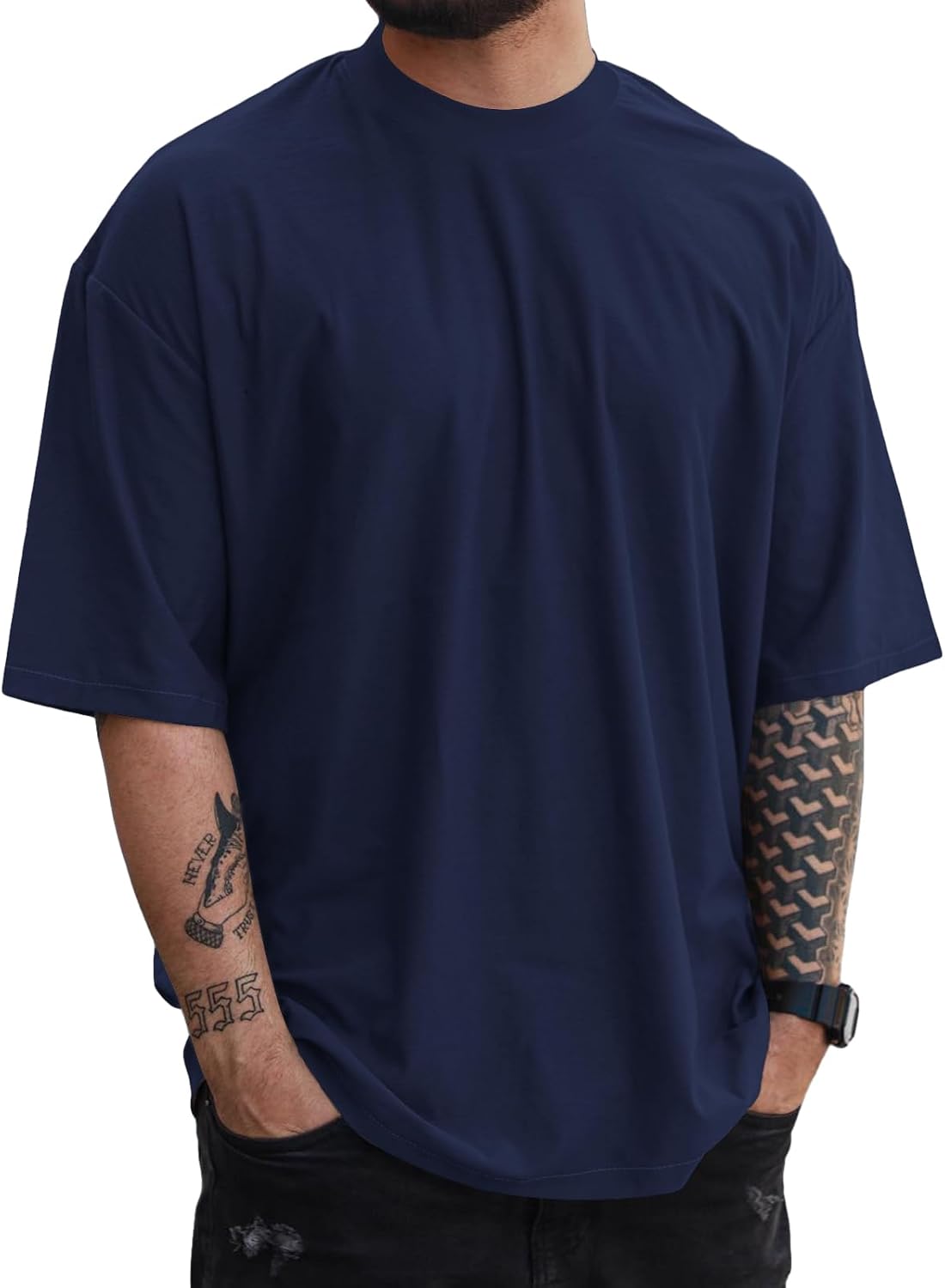 Mens Oversize Short Sleeve Tshirts Workout Drop Shoulder Relaxed Fit Tees - Navy Blue
