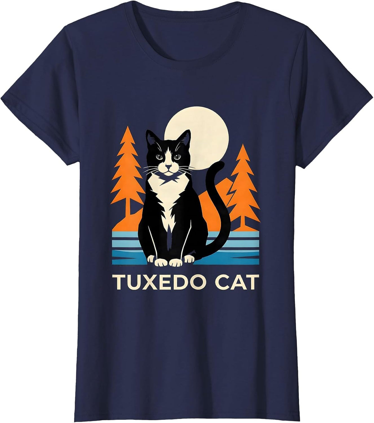 Women's Tuxedo Cat Stencil Graphic 90s Retro Cat Lover Portrait T-Shirt - Navy Blue
