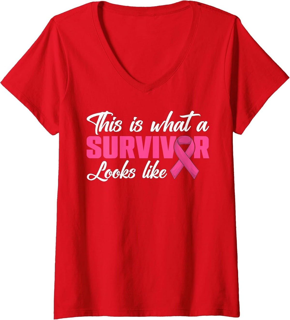 Women's This is What A Survivor Looks Like Breast Cancer Pink Ribbon V-Neck T-Shirt - Red