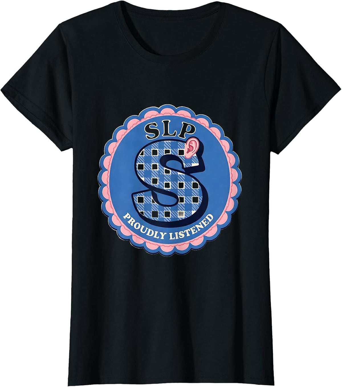 Women's SLP Proudly Listened Gingham Picnic Cute Speech Language T-Shirt - Black