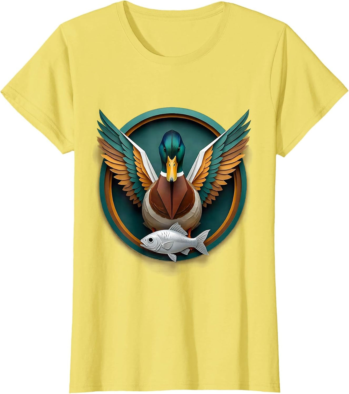 Duck With Wings Spread Catching Fish Illustration T-Shirt - Lemon Yellow