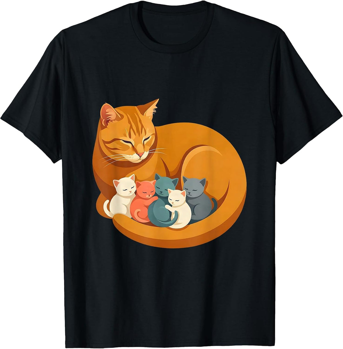 Men's Cat Mom Nursing Kittens Illustration T-Shirt - Black