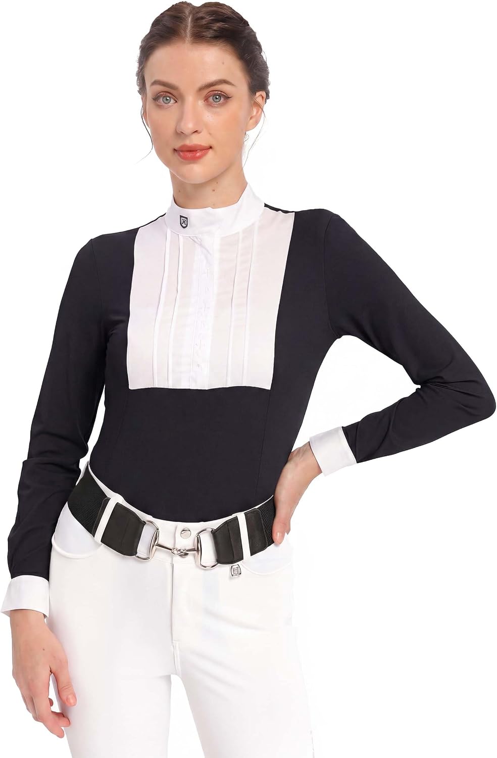 Harrison Howard Women's Equestrian Show Shirt, Long Sleeve Horse Riding Top - Navy