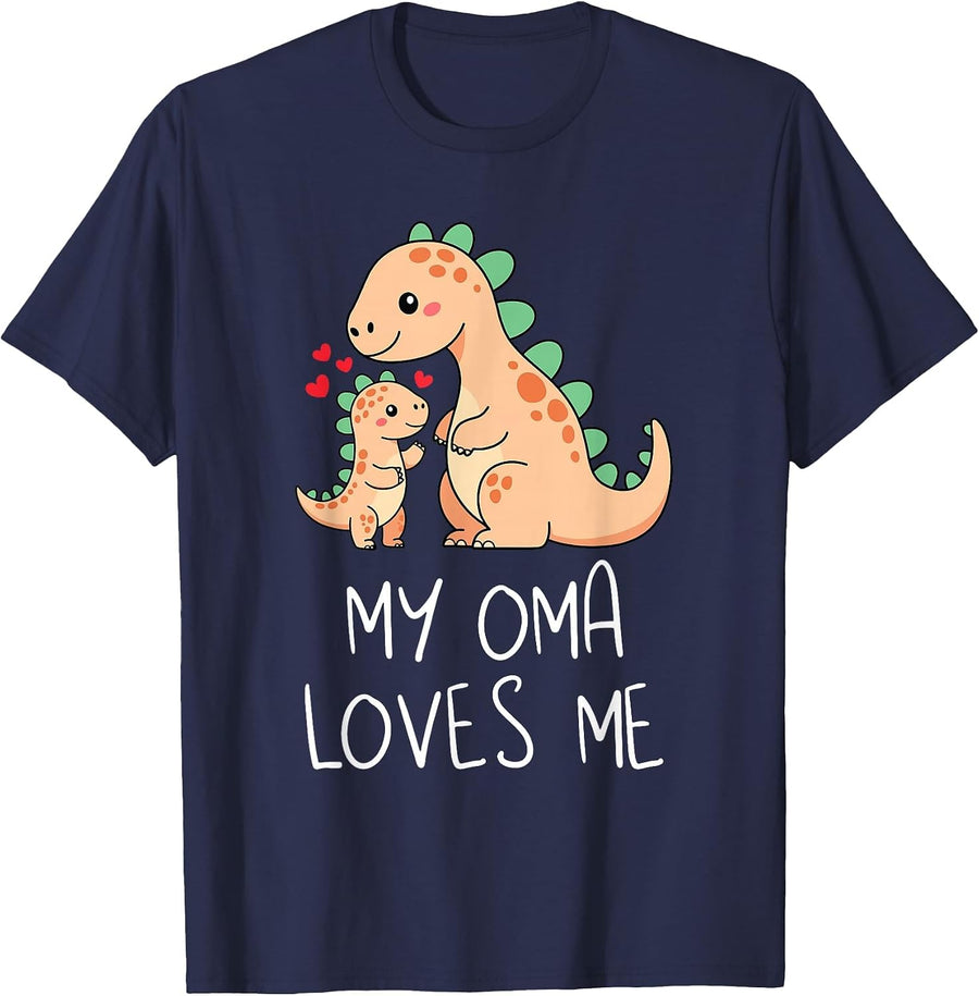 Baby Dino and Grandma My Oma Loves Me Funny Dinosaur T-Shirt - Navy Blue