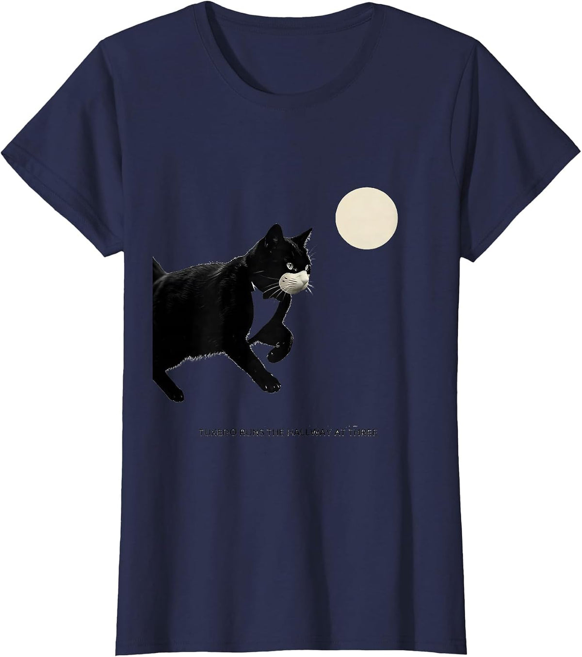 Women's Tuxedo Runs the Hallway at Three Minimalist 90s Retro Cat T-Shirt - Navy Blue