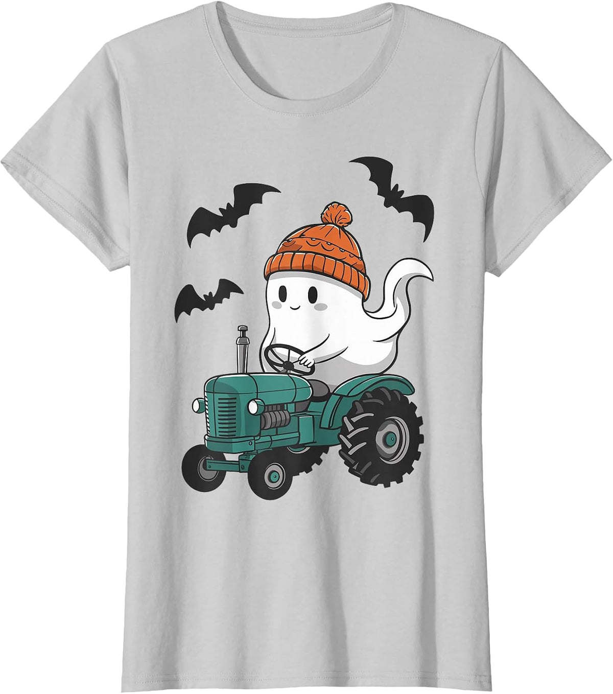 Cute Ghost Riding Tractor Lovers Spooky Halloween Farmer T-Shirt - Silver Grey