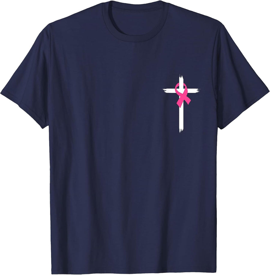 Christian Jesus Cross Pink Ribbon Breast Cancer Awareness T-Shirt - Navy Blue