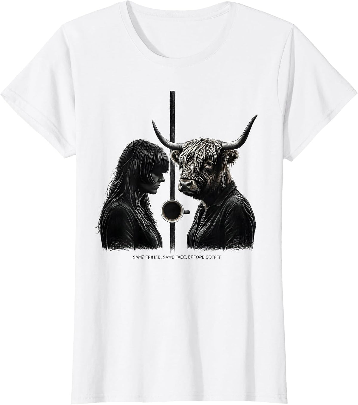 Women's Same Fringe Same Face Before Coffee Funny Highland Cow T-Shirt - White