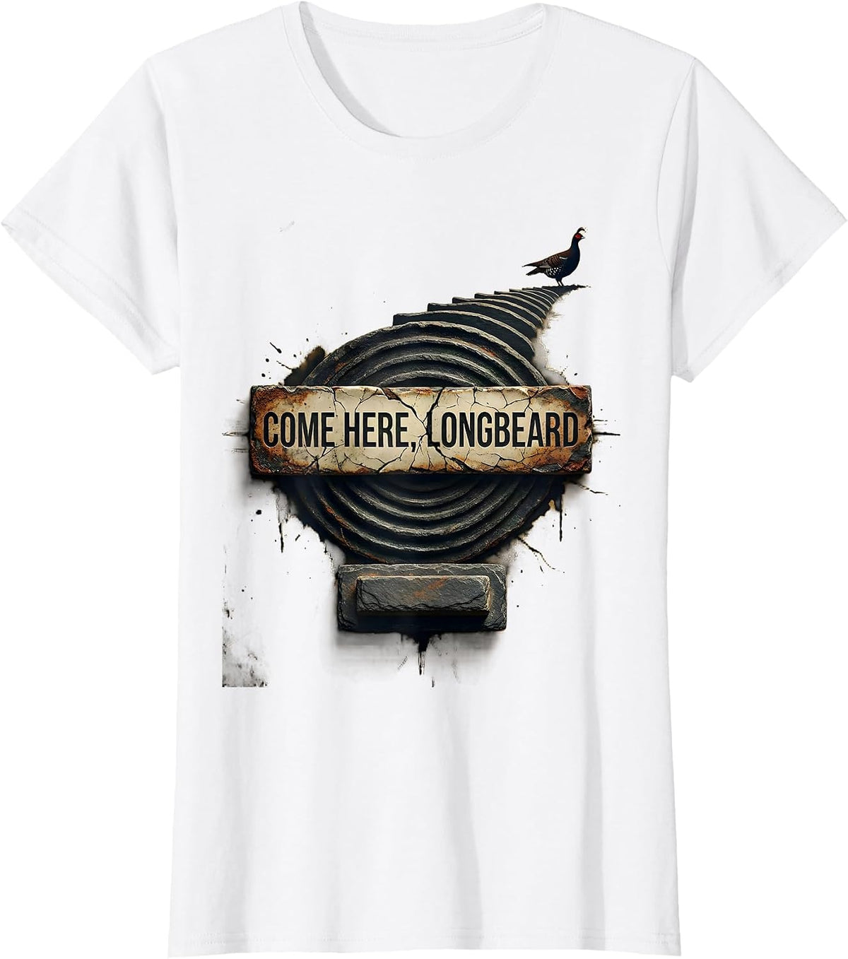 Women's Come Here, Longbeard Distressed Turkey Hunting Humor Gift T-Shirt - White