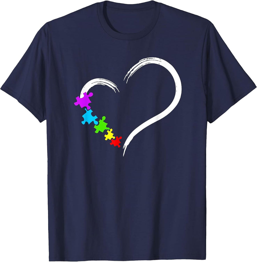 Heart Autism Awareness Love Puzzle Simple Autism Idea Family T-Shirt - Navy Blue