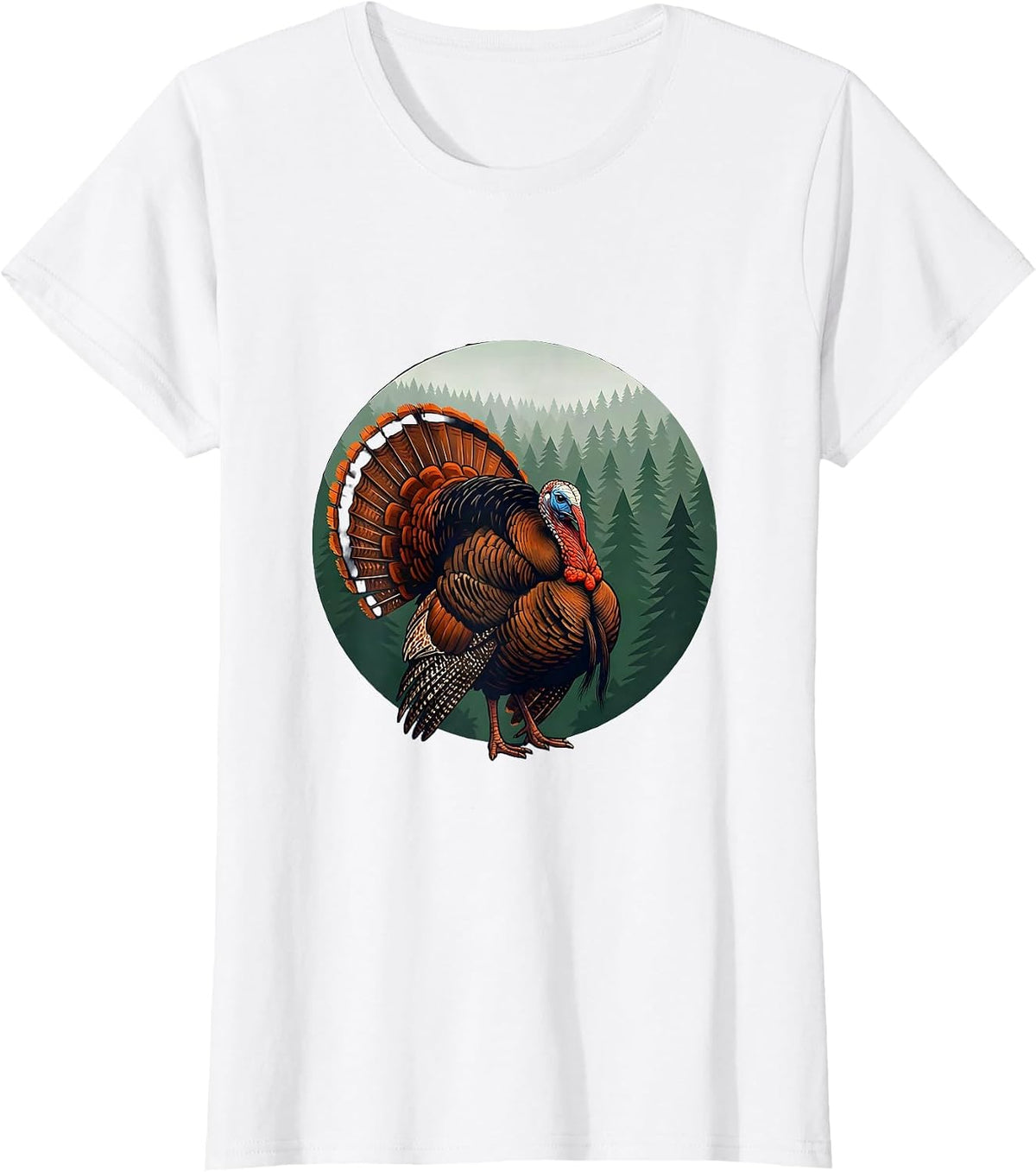 Women's Turkey Strutting Through Pine Forest Illustration T-Shirt - White