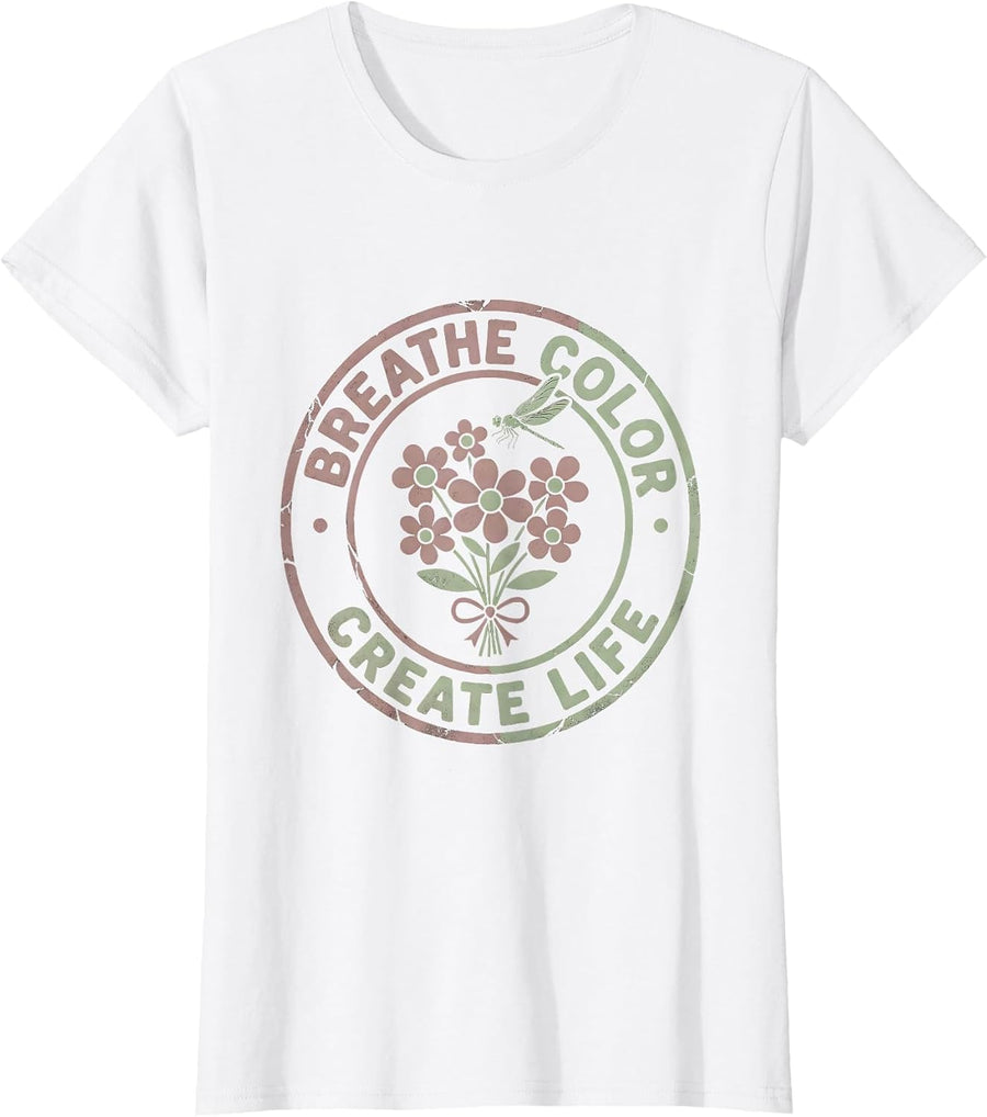 Women's Breathe Color Create Life Airbrush Art Design T-Shirt - White