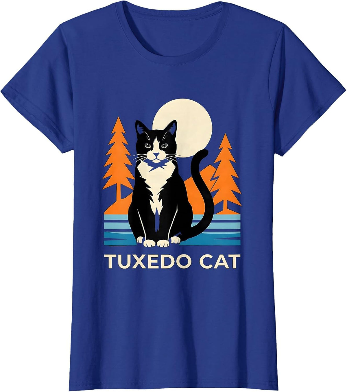 Women's Tuxedo Cat Stencil Graphic 90s Retro Cat Lover Portrait T-Shirt - Royal Blue
