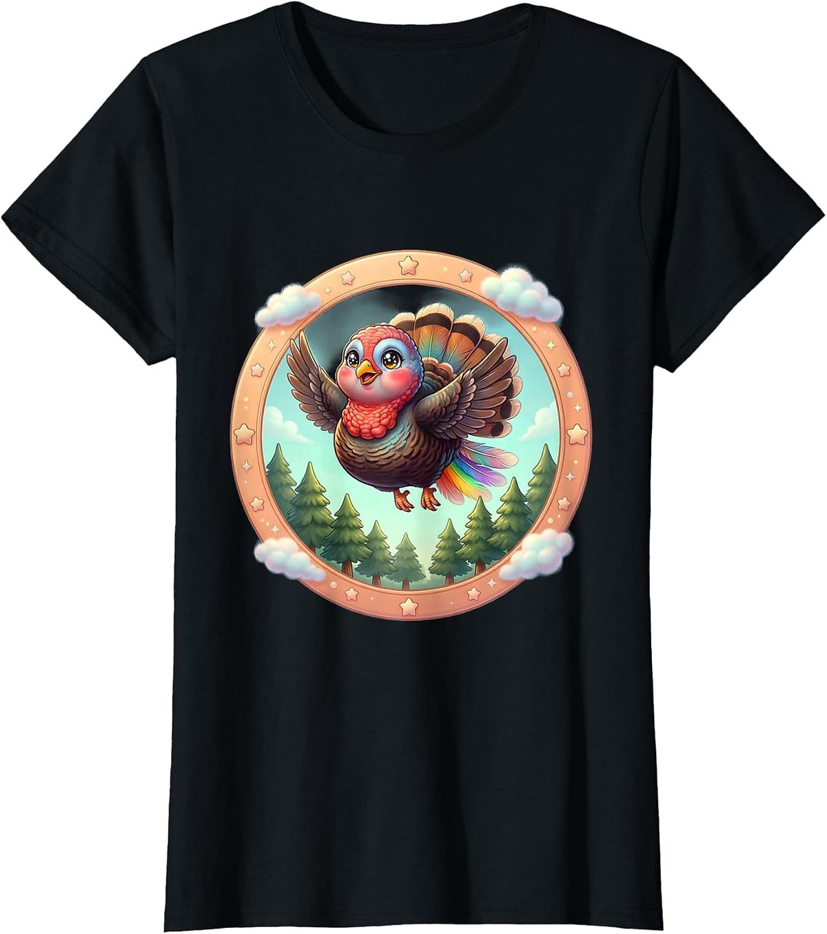 Women's Wild Turkey in Flight Over Pine Trees Graphic T-Shirt - Black