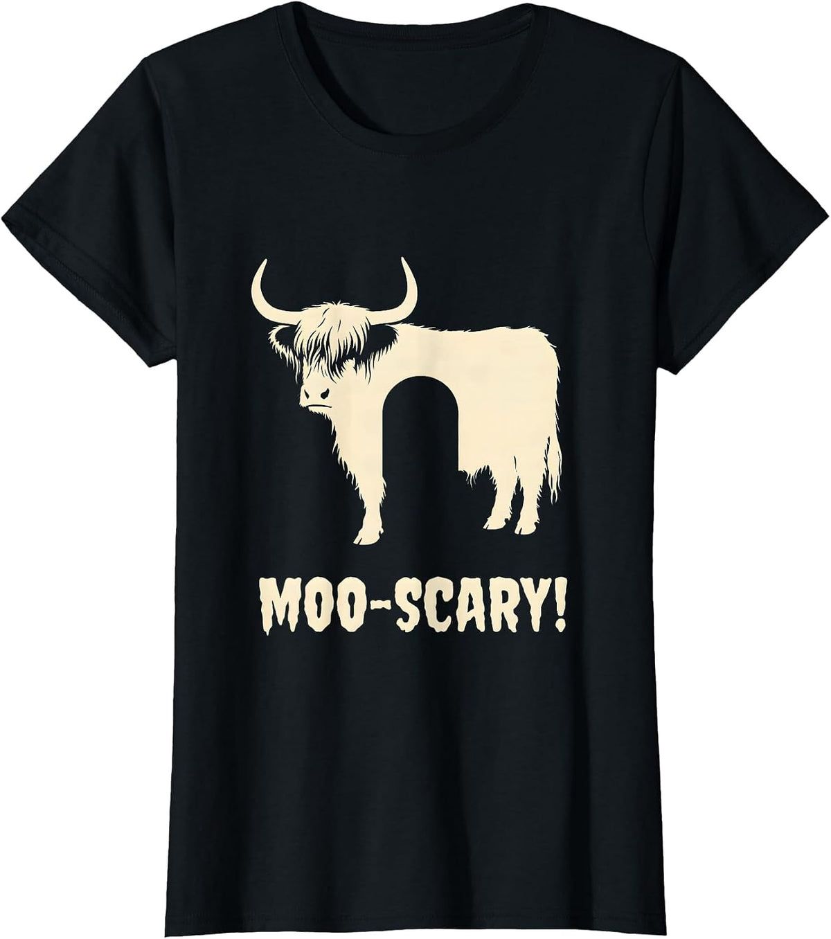 Moo-scary! Whimsical Highland Cow Halloween Humor Novelty T-Shirt - Black