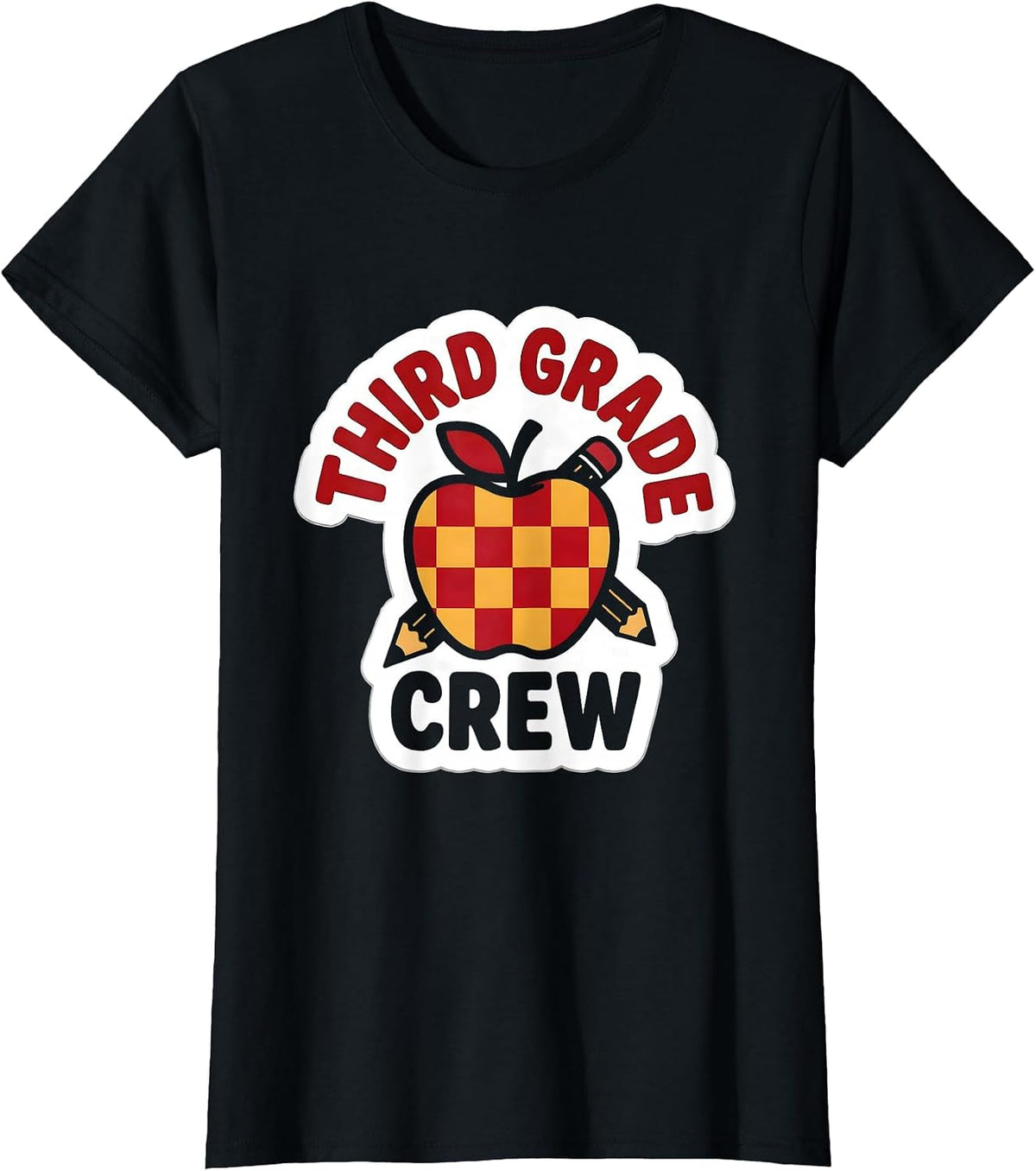 Women's Third Grade Crew Cute Teacher Pencil Apple Back To School T-Shirt - Black