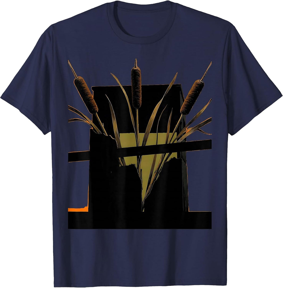 Camo Duck Blind Cattails and Reeds Illustration T-Shirt - Navy Blue