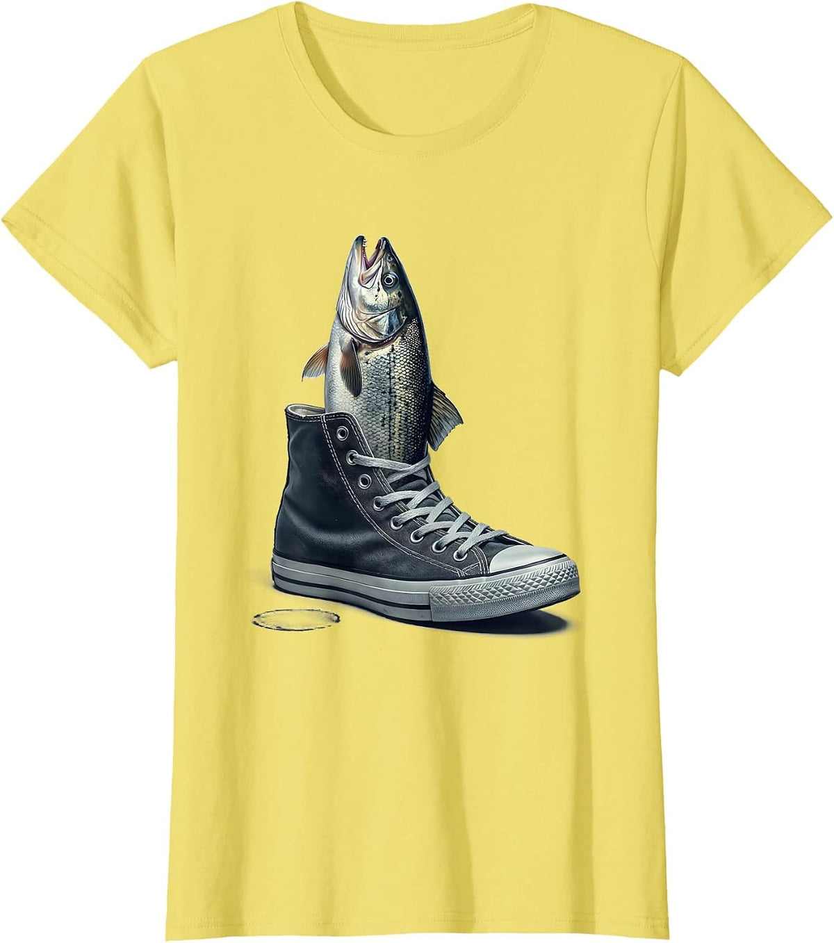 Women's Fih Meme Shoes Fish Funny Misspelled Fish Humor T-Shirt - Lemon Yellow