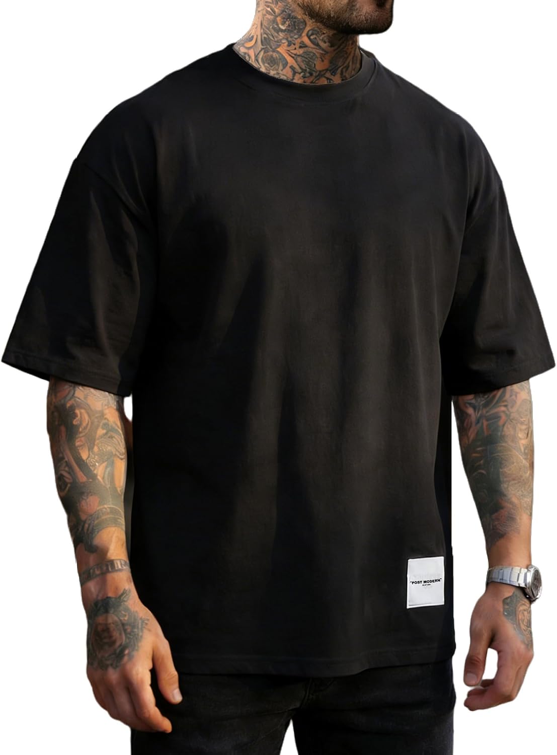 Men's Fashion Oversized T-shirts Short Sleeve Workout Casual Gym Tee - Black