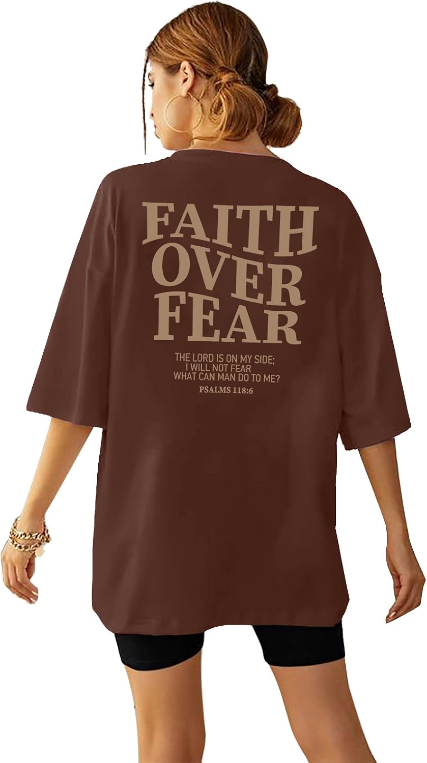 BANGELY Faith Over Fear Shirt Women Graphic Shirts Oversized Workout Gym Christian Religious Tees Drop Shoulder Tee Tops -