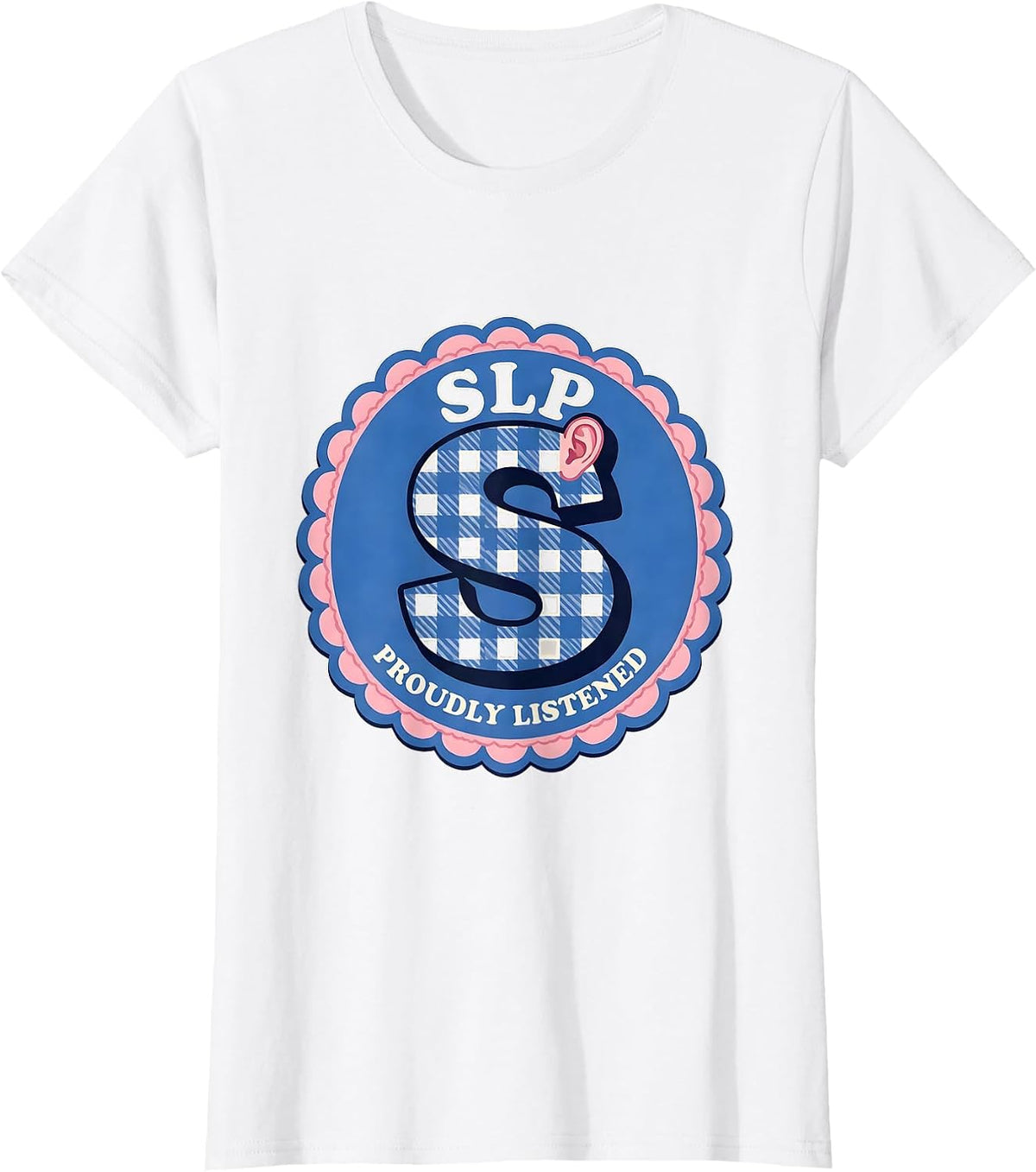 Women's SLP Proudly Listened Gingham Picnic Cute Speech Language T-Shirt - White