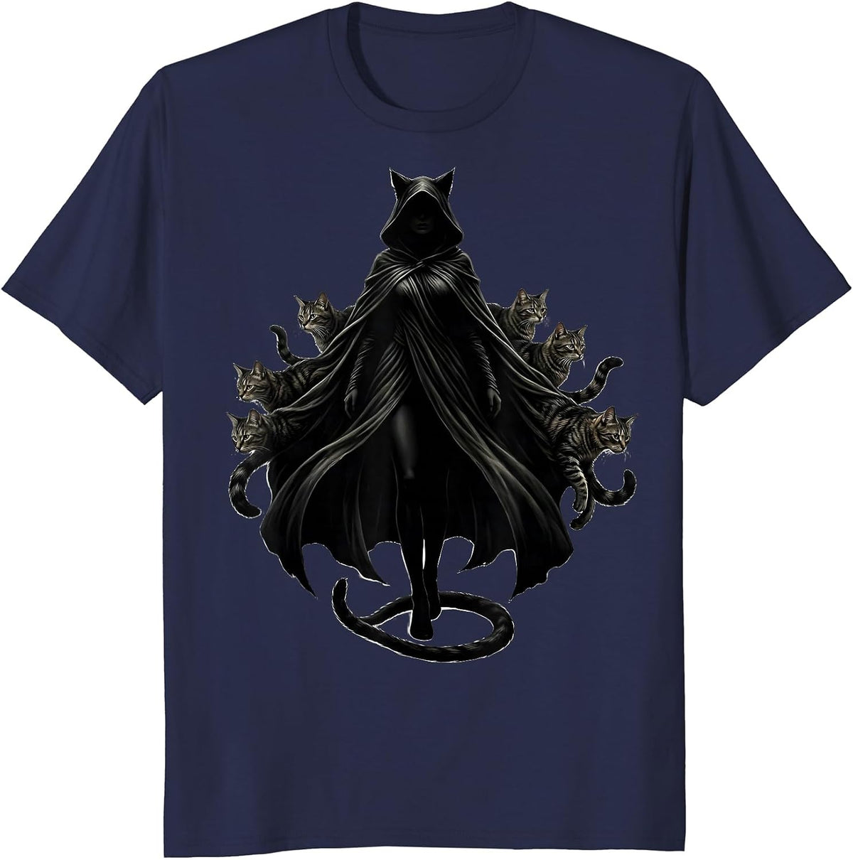 Cat Woman Wrapped in Tabby Fur Cloak Graphic T-Shirt - Navy Blue